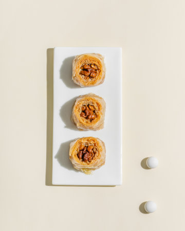 top view of tasty baklava with nuts on white plate