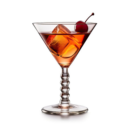 Manhattan cocktail with cherry and ice in martini glass isolated on white background. Generative AIの素材
