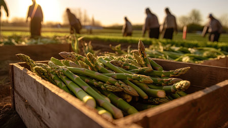 Harvested asparagus in wooden crate at farm agricultural field. Copy space with natural background, mockup. Generative AIの素材