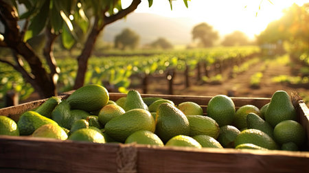 Fresh ripe avocados in wooden crate at farm agricultural field. Copy space with natural background, mockup. Generative AIの素材