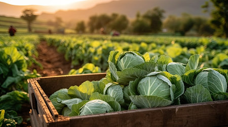Organic cabbage in wooden crate at farm agricultural field. Copy space with natural background, mockup. Generative AIの素材
