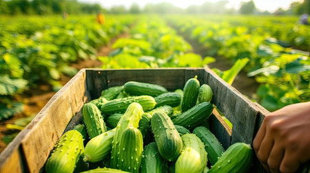 Cucumbers in a wooden box in wooden crate at farm agricultural field. Copy space with natural background, mockup. Generative AIの素材