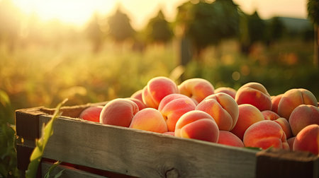 Ripe peaches in wooden box at farm field. Copy space with natural background, mockup. Generative AIの素材