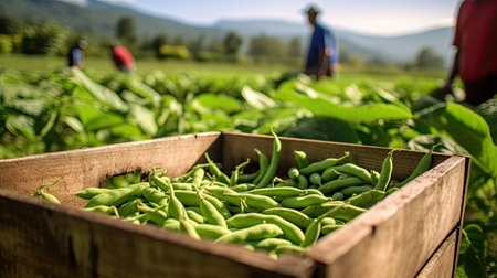 Green beans in wooden box at farm field. Copy space with natural background, mockup. Generative AIの素材