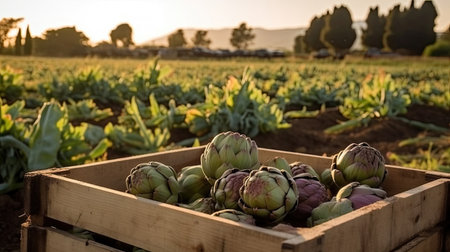 Organic artichokes in wooden box at farm field. Copy space with natural background, mockup. Generative AIの素材