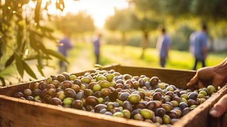 Harvesting olives in wooden box at farm field. Copy space with natural background, mockup. Generative AIの素材