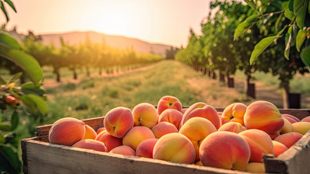 Ripe peaches in wooden crate at farm agricultural field. Copy space with natural background, mockup. Generative AIの素材