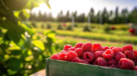 Ripe raspberries in wooden box at farm field. Copy space with natural background, mockup. Generative AIの素材