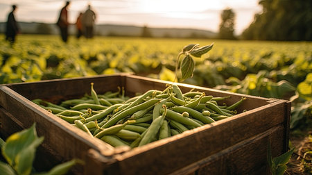 Green beans in wooden box lying at farm field. Copy space with natural background, mockup. Generative AIの素材