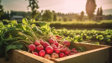 Bunch of fresh radishes in wooden box lying at farm field. Copy space with natural background, mockup. Generative AIの素材