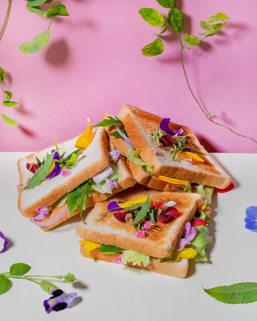 Toasted bread with fresh flowers and un edible flowers on a pink backgroundの写真素材