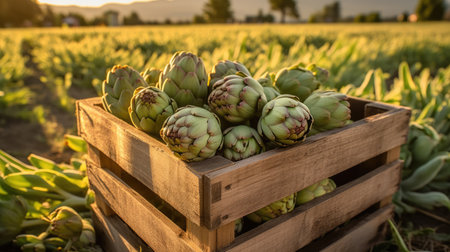 Fresh artichokes in a wooden box on a field in summer. Space for text, mockup. Generative AIの素材