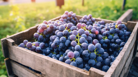 Grapes in a wooden box on a background of vineyards. Space for text, mockup. Generative AIの素材