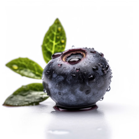 Blueberry with water drops on a white background. Close-up. Generative AIの素材