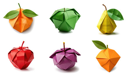 Set of origami fruits isolated on white background. Apricot, green apple, pear, red apple, plum and orange made of paper. Generative AIの素材