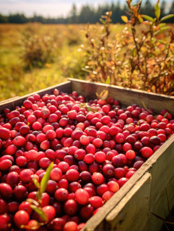 Cranberries in a wooden box on the background of autumn field. Space for text, mockup, Generative AIの素材