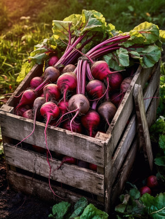 Freshly harvested beets in a wooden box on the field. Space for text, mockup, Generative AIの素材