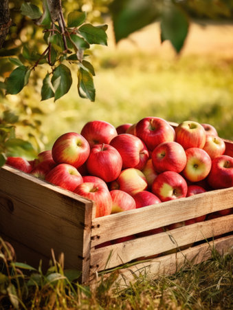 Red apples in a wooden box on the background of an apple tree. Space for text, mockup. Generative AIの素材