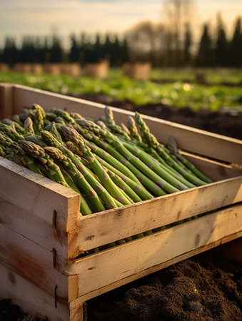 Fresh green asparagus in a wooden box in the field at sunset. Space for text, mockup. Generative AIの素材