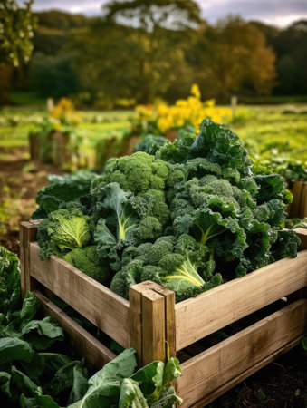 Organic kale in a wooden crate on a farm field in autumn. Space for text, mockup. Generative AIの素材