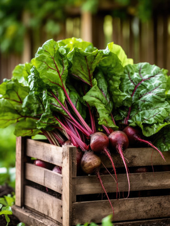 Freshly harvested beetroots in a wooden crate on a garden bed. Space for text, mockup. Generative AIの素材