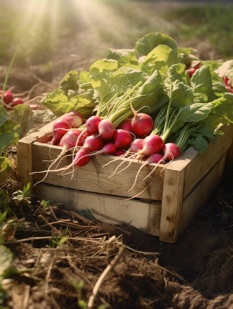 Harvested radishes in a wooden box on the field. Space for text, mockup. Generative AIの素材