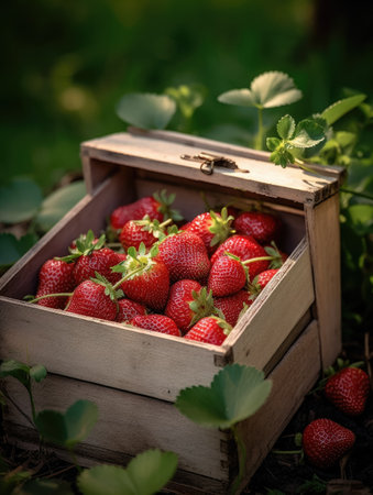 Fresh strawberries in a wooden box. Selective focus. Space for text, mockup. Generative AIの素材