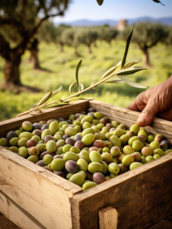 Harvest of olives in a wooden box on the background of olive trees. Space for text, mockup. Generative AIの素材