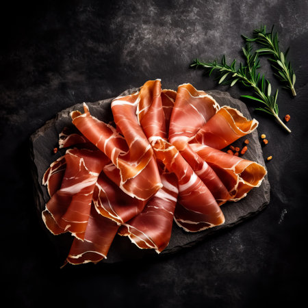 Italian prosciutto crudo or jamon on black background.  Generative AIの素材