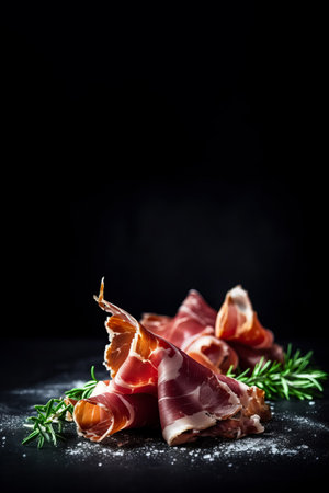 Italian prosciutto crudo or jamon with rosemary on black background.  Space for text, mockup, copy space. Generative AIの素材