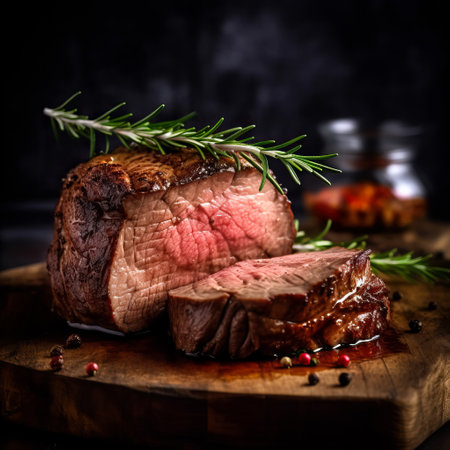 Sliced roast beef with rosemary and spices on a wooden board. Generative AIの素材