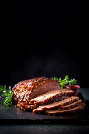 Roast beef with parsley on black background, vertical, top view. Space for text, mockup, copy space. Generative AIの素材