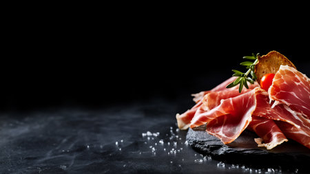 Italian prosciutto crudo or jamon with rosemary on black background. Space for text, mockup, copy space. Generative AIの素材