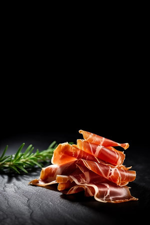 Italian prosciutto crudo or jamon with rosemary on black background. Space for text, mockup, copy space. Generative AIの素材