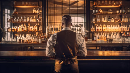 Rear view of young bartender standing at bar counter. Generative AIの素材