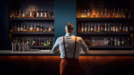 Back view of barman in shirt standing at bar counter. Generative AIの素材