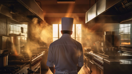 Chef in the kitchen of a restaurant with smoke on the background. Generative AIの素材
