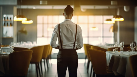 Rear view of waiter standing in restaurant. Generative AIの素材