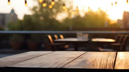 Empty wooden table and blur natural background with bokeh image, product display montage, mockup, selective focus, AI-generatedの素材