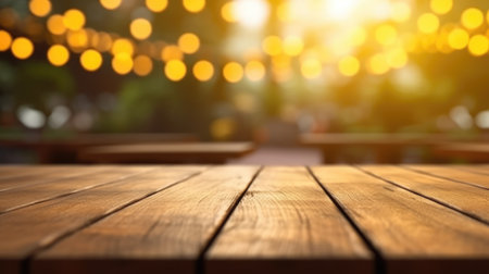 Empty wooden table in front of abstract blurred bokeh background, product display montage, mockup, selective focus, AI-generatedの素材