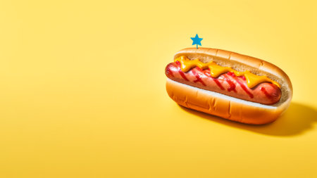 Hot dog with mustard and ketchup on yellow background, copy space. USA, Independence Day food, generative AIの素材