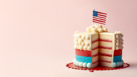 Patriotic cake with the flag of USA on a pink backgroundの素材