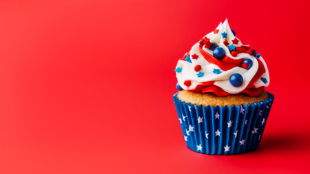 Cupcake with white frosting and red and blue stripes on a red background. USA, Independence Day, decoration, generative AIの素材