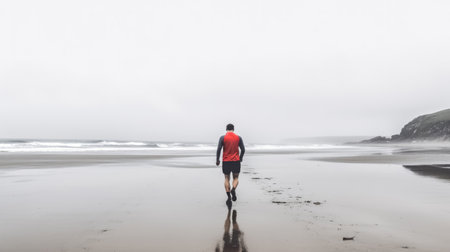 Alone young man jogging on the beach in a foggy day in winter. Generative AIの素材