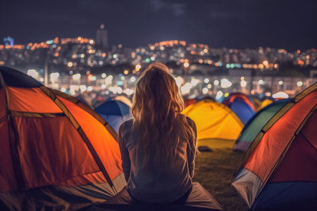 Young woman sitting in a tent camp and looking at the night city. Generative AIの素材
