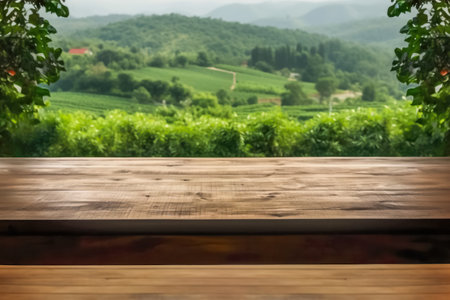 Wooden table top on blur green tea plantation background for display or montage products. Generative AIの素材