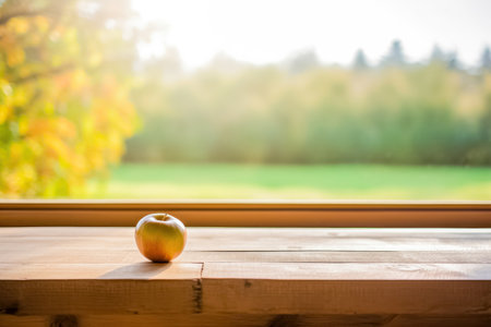 Apple on a wooden table in front of a window with orchard background. Selective focus. Generative AIの素材