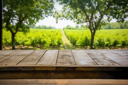 Wooden table in front of vineyard background. Perspective brown wood table.の素材
