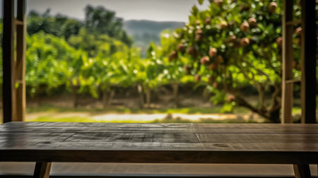 Wooden table top on blur background of garden with bokeh image. Generative AIの素材