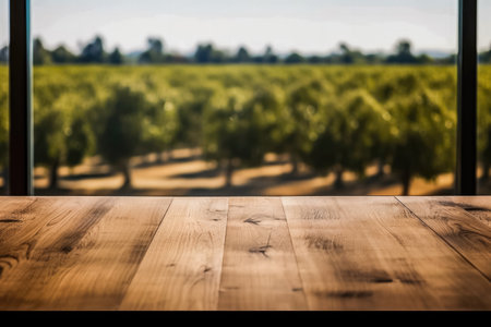 Wooden table top on blur vineyard background - can be used for display or montage your productsの素材